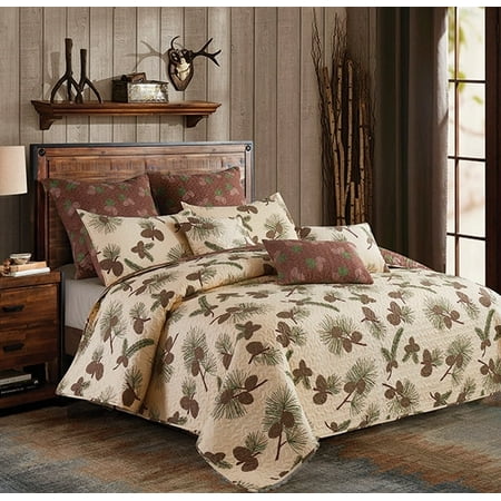 Phyllis Dobbs Beige Pine Cone Rustic Quilt and Sham Set - King Size