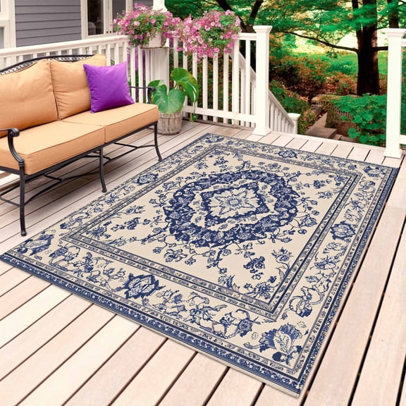 Navy Blue Boho Outdoor Rug for Patio/Deck/Porch, Non-Slip Large Area Rug 5 x 7 Ft, Ethnic Vintage Southwestern Geometric Indoor Outdoor Rugs Washable Area Rugs, Reversible Camping Rug Carpet Runner