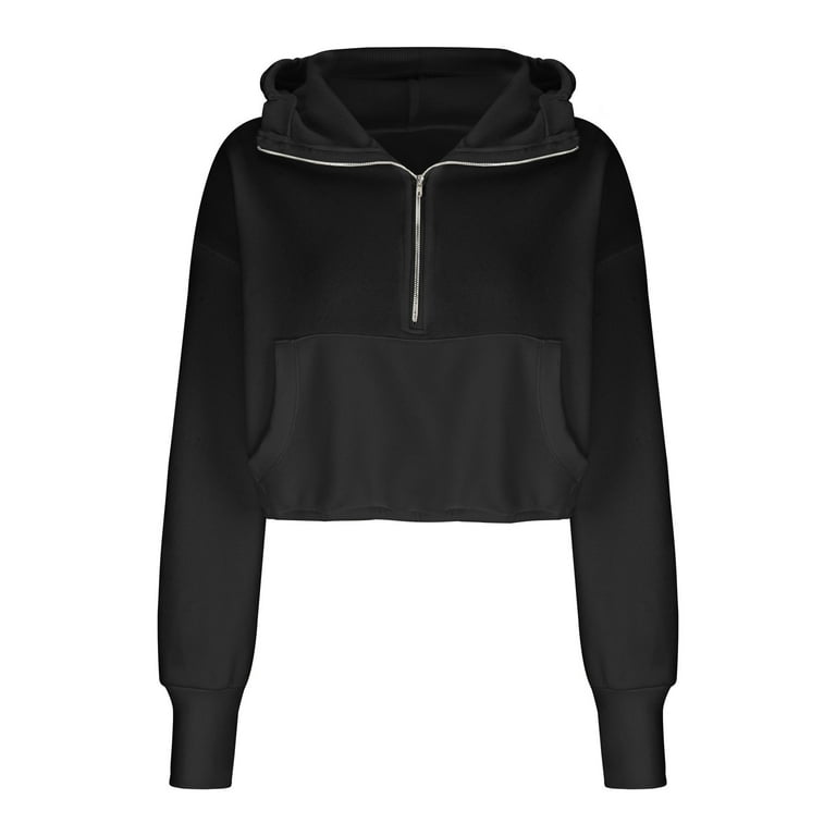 Loose Sleeve Hoodie for Women Half Zip V Neck Crop Pullover with Pocket Long Sleeve Casual Sweatshirt Tops (M, Black) Loose Sleeve Hoodie for Women Half Zip V Neck Crop Pullover with Pocket Long Sleeve Casual Sweatshirt Tops (M, Black)