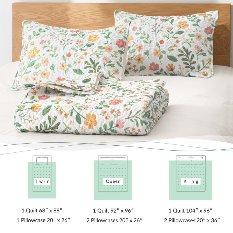 Exclusivo Mezcla Floral Quilts Queen Size, White Queen Quilt Bedding Set with Cottagecore Botanical Pattern, Reversible Lightweight Bedspreads Coverlets (92"x96")