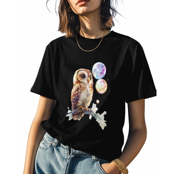 Owl on Branch Womens Tshirt Graphic Tees Cotton Crew Neck T-Shirts, Casual Short Sleeve Shirts for Women Teen Girl