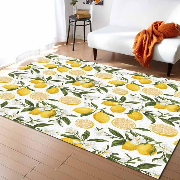 Area Rugs Indoor Non-Slip Rectangle Rug 5x7 Ft Summer Lemon Yellow Watercolor Style Modern Art Rug Rubber Backing Floor Mats Non Shedding Home Decor Carpet for Entryway Living Room