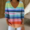 thumbnail image 2 of Womens Lightweight V Neck Sweaters Multicolor Striped Long Sleeve Pullover Loose Casual Rainbow Plus Size Tops (4XL, Blue), 2 of 3