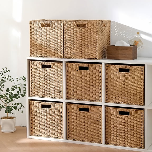 10.63"x10.63"x10.63" Natural Rattan Storage Basket - Foldable Square Woven Basket for Shelves Bedroom Living Room Home Organizer