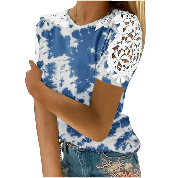Fesfesfes Womens Oversized Tshirts Women's Fashion Summer Round Neck Leisure Short Sleeve Printed Lace Fashion Tops Womens T Shirts 14(XXXL)