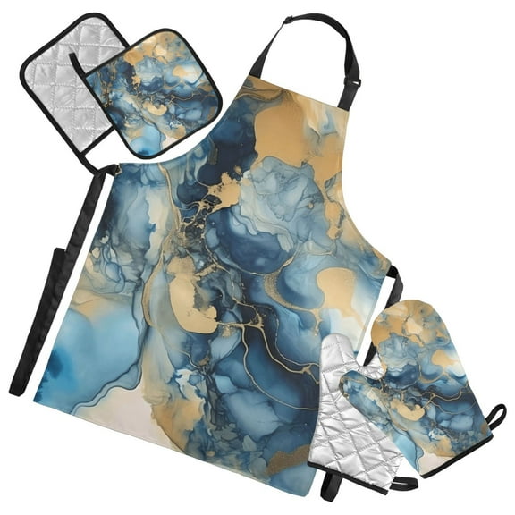 Sapphire Gold Ink Marble 5 Pcs Kitchen Set Heat Resistant Oven Mitts and Non-Slip Pot Holders with Adjustable Cooking Apron
