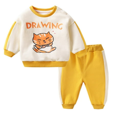 

6months Baby Boy Little Outfits Kids Child Toddler Baby Boys Girls Long Sleeve Cute Cartoon Letter Sweatshirt Pullover Tops Patchwork Trousers Pants Outfit Set 2PCS 6 12 Month Boy Clothes