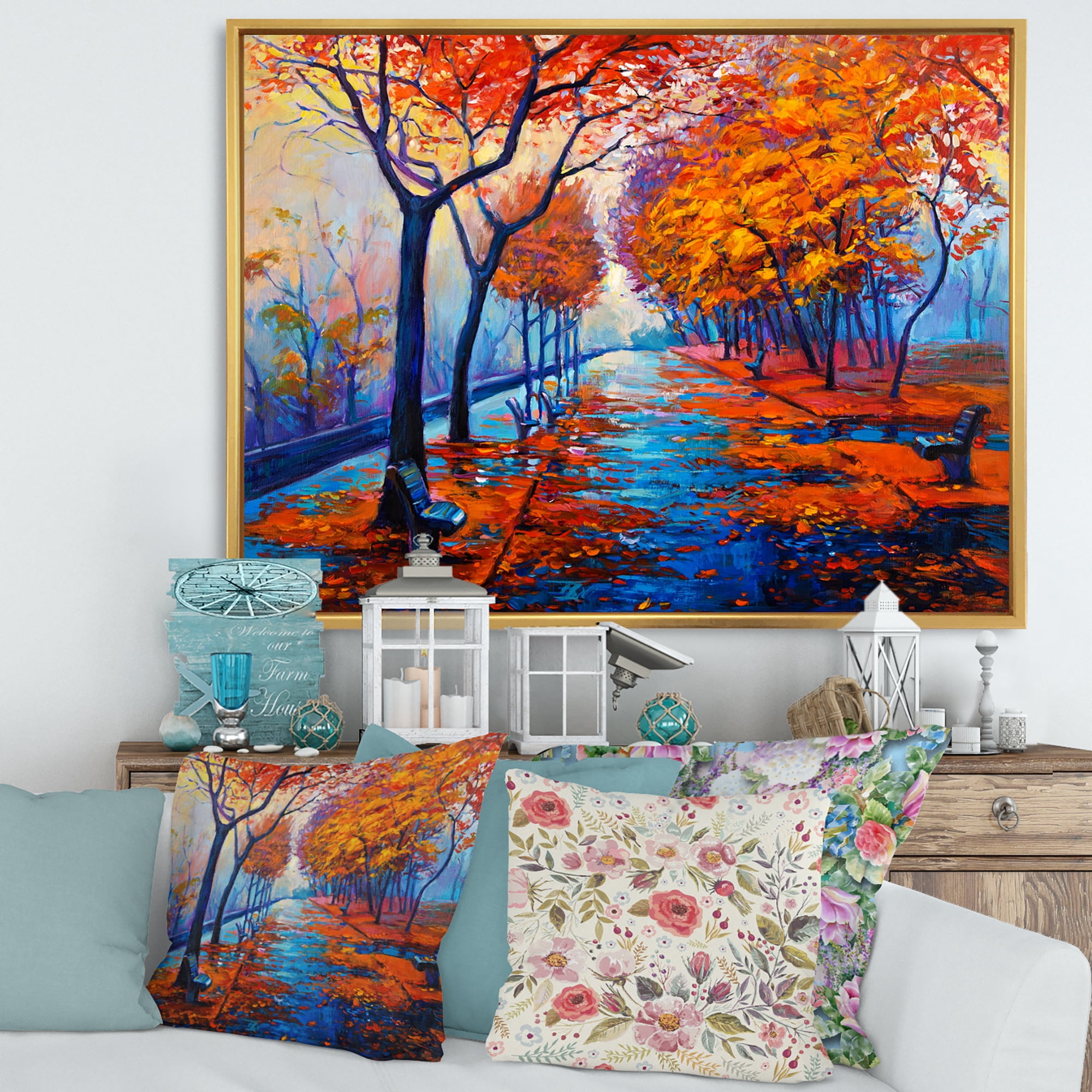 Designart 'Orange Autumn Landscape With Little Road III' Traditional Framed Canvas Wall Art Print