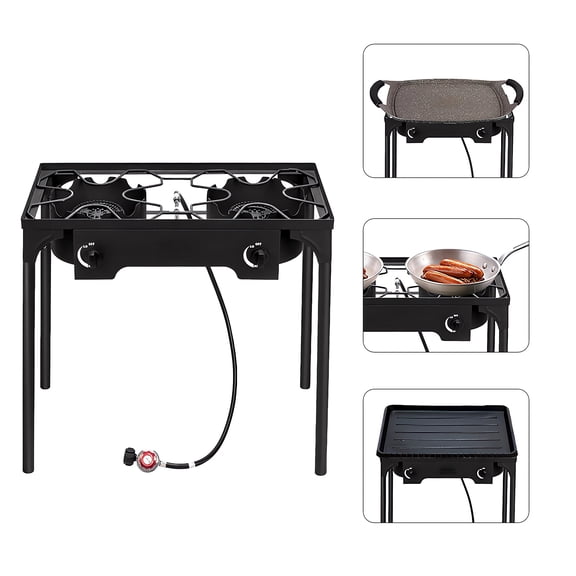 150,000 BTU Double Burner Propane Stove, Heavy-Duty Outdoor Portable Camp Stove with 4ft Steel Braided Hose and Removable Legs for Camping, Hunting, Backyard Bbq Cookouts