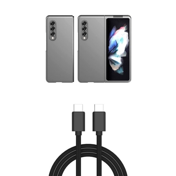 Bemz Galaxy Z Fold 3 5G Premium Bundle: Slim Rubberized Matte Snap On Case (Grey), PD Power Delivery USB-C to USB-C Cable (3 Feet)