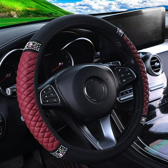 Bling Soft Leather Steering Wheel Cover, 15 Inch Colorful Rhinestones Auto Elastic Protector with Crystal Diamond for Women Girls, Car Accessories for Most Cars, SUVs (Wine Red)