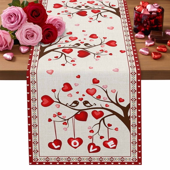 Valentine's Day Table Runner Red Heart Tree Branch Table Runners Love Bird Cotton Linen Dresser Scarf Kitchen Dining Table Decor for Valentines Wedding Party Decor 13x90 Inch