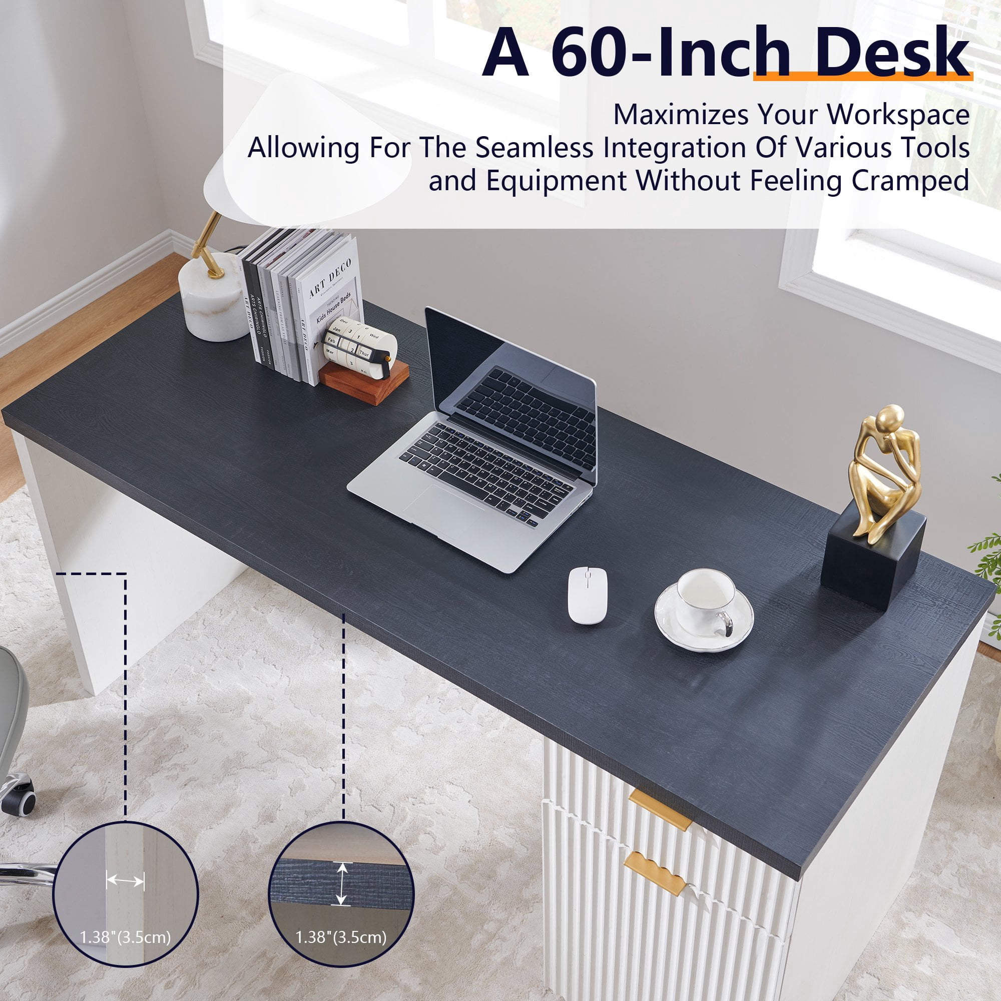 ACCOHOHO 60" Modern Executive Desk with Storage, Wooden Fluted Home Office Desk with Drawer & Cabinet for Study Bedroom Living Room - Antique White