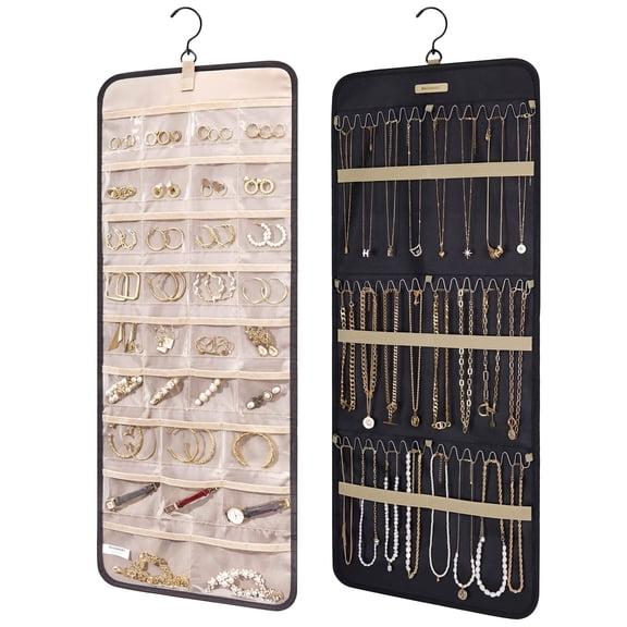 Elook Double-Sided Hanging Jewelry Organizer, Foldable Portable Jewelry Storage Roll with Metal Necklace Hooks & Transparent Pockets, Closet Wall Mount Storage Bag for Necklaces, Earrings, Rings and