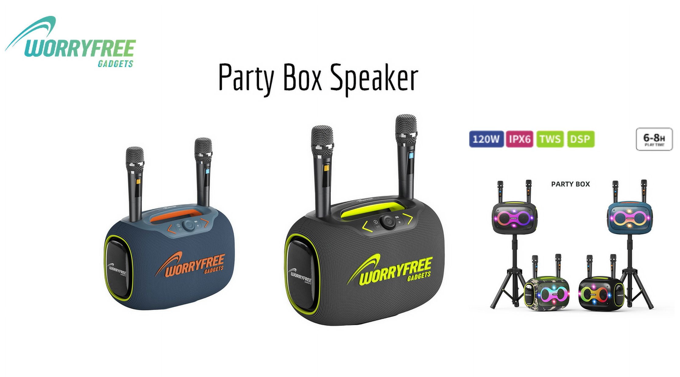Party Box-Wireless 120W Portable Waterproof  Bluetooth Karaoke Speaker with a Tripod & Two Microphones, Gray