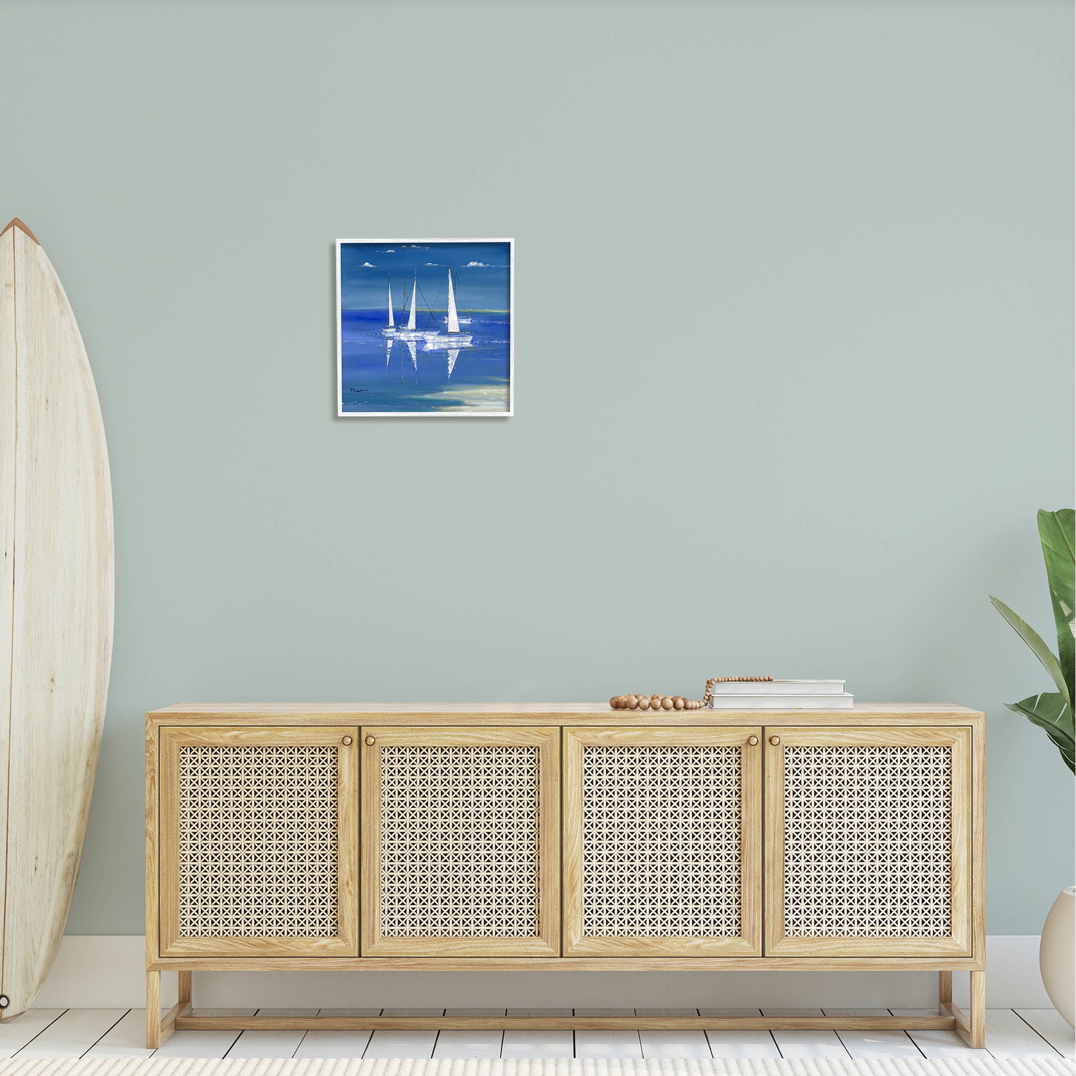 Stupell Industries Serenity Sailboats Vivid Blue Ocean Painting White Framed Art Print Wall Art, Design by Paul Brent