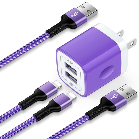 Compatible for iPhone Charger, GAEF Dual Port Charging Block with 2pcs Charging Cable 6FT, USB Charger Block Wall Charger Adapter Plug Brick Cube Compatible for iPhone, Purple