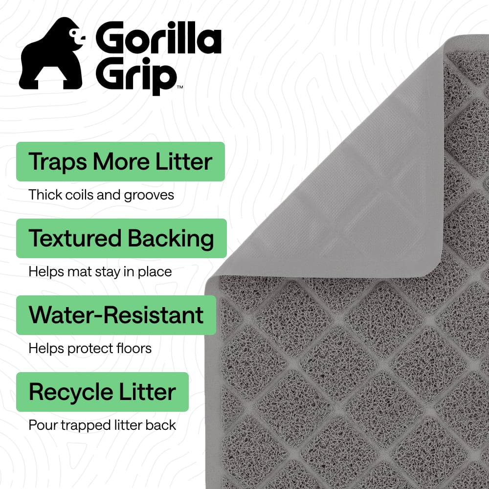 GORILLA GRIP Cat Litter Box Mat, 35x23, Water Resistant Kitty Litter Trapping Mat, Textured Backing, Easy to Clean, Less Waste and Clean Floors, Kitten Supplies for Indoor Cats, Soft on Paws, Gray