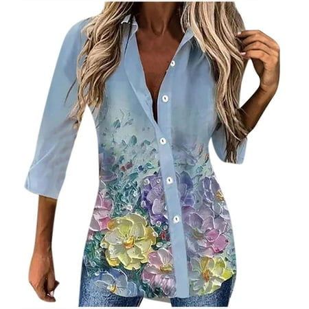 

Summer Women Casual Tops Floral Print Button Down T-shirt Fashion Long Sleeve Loose Shirts Top Comfy Vacation Tee