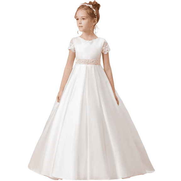 Flower Girl Dresses for Wedding Satin First Communion Dress Lace Girls Pageant Ball Gown (Ivory 2 -3Years）