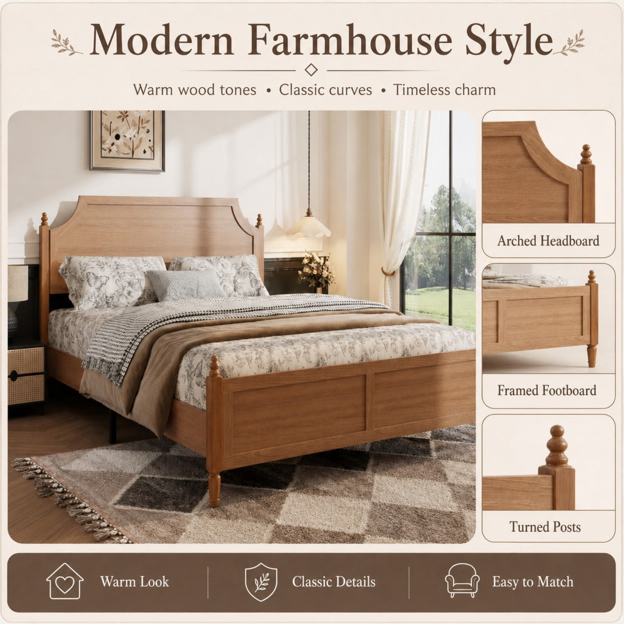 DEALTOPS Queen Size Platform Bed Frame with Headboard & Footboard, Wood Farmhouse Bed, No Box Spring, Brown