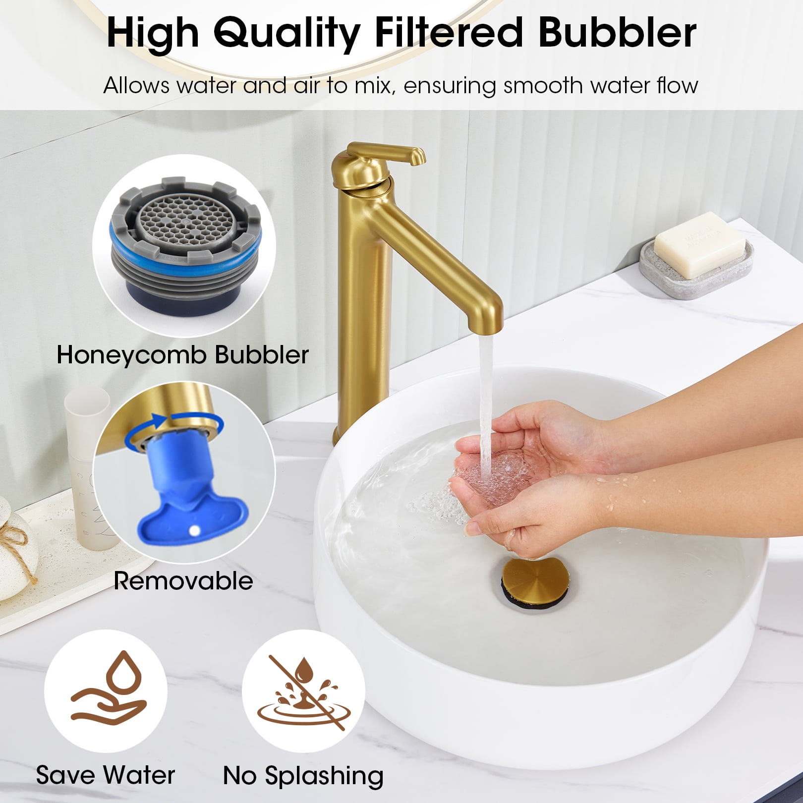 Wowkk Brushed Gold Bathroom Faucets 9.84" High Spout Tall Basin Faucet, Single Handle Bathroom Sink Faucet with Pop Up Drain and Faucet Supply Lines
