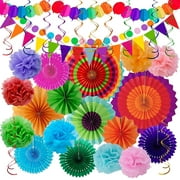 Pink Party Decorations - 33pcs Hanging Paper Fans, Rainbow Paper Pom Poms, Fiesta Bunting and Tissue Streamers for Birthday, Festival, and Rainbow Parties