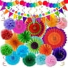 Huryfox Party Decorations, Birthday Decorations Supplies for Women and Men, Fiesta Rainbow Colorful Fans Paper Flowers Tissue Pom Pom and Favors Streamers Banner Decor for Adults Kids