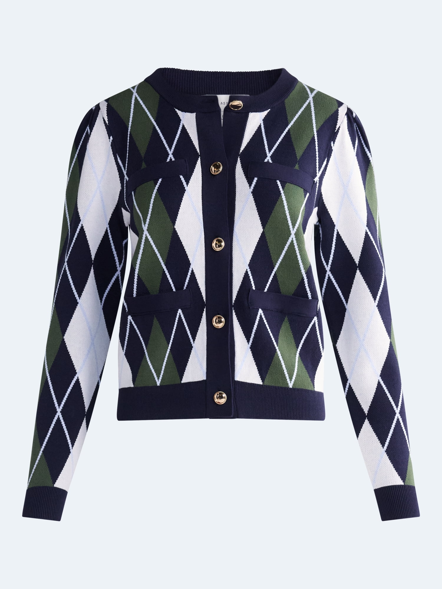 Free Assembly Women's and Women's Plus Argyle Cardigan Sweater with Puff Sleeves, Midweight, Sizes XS-4X
