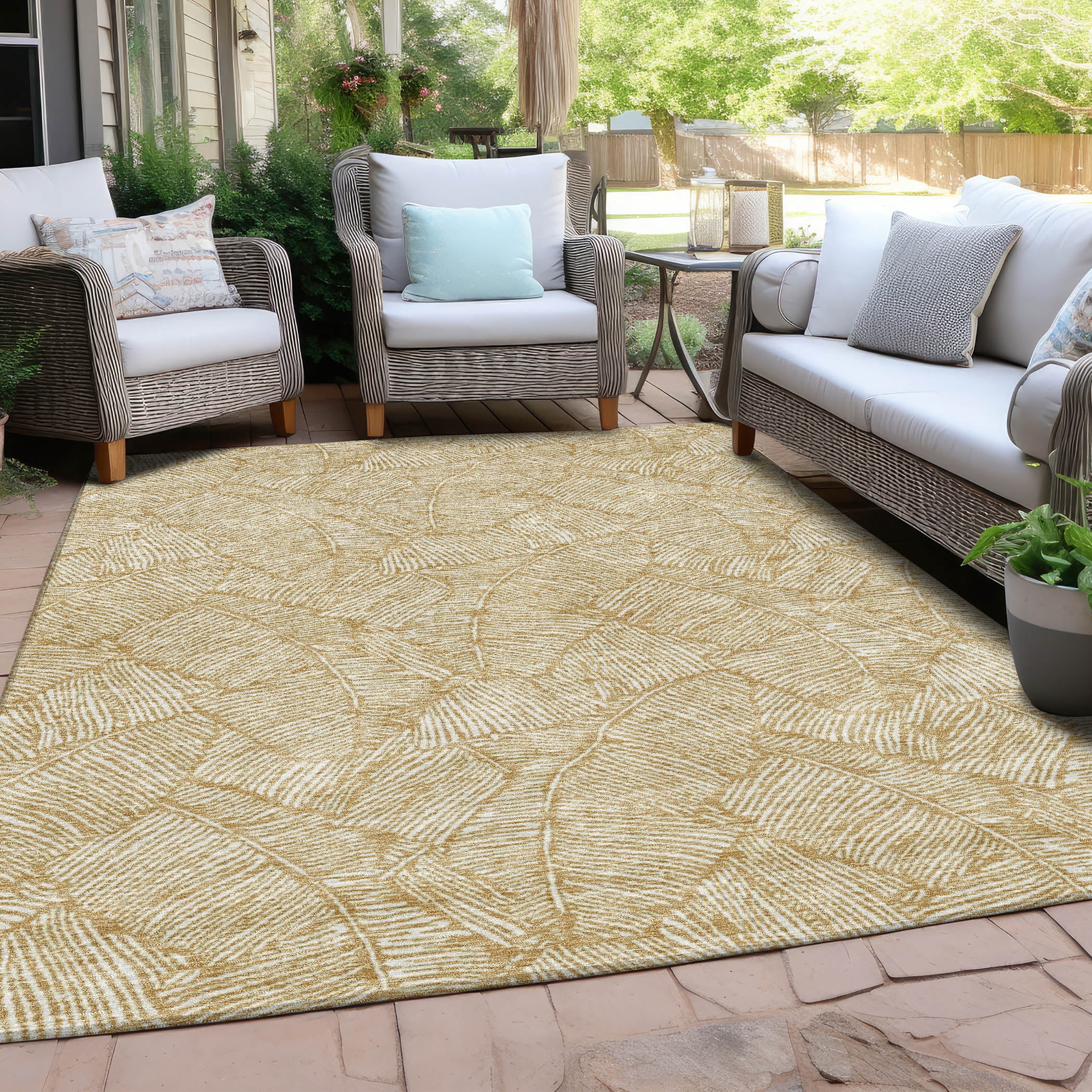 Addison Rugs Chantille Indoor/Outdoor Transitional Floral Gold Washable Rectangle Rug, 5' x 7'6"