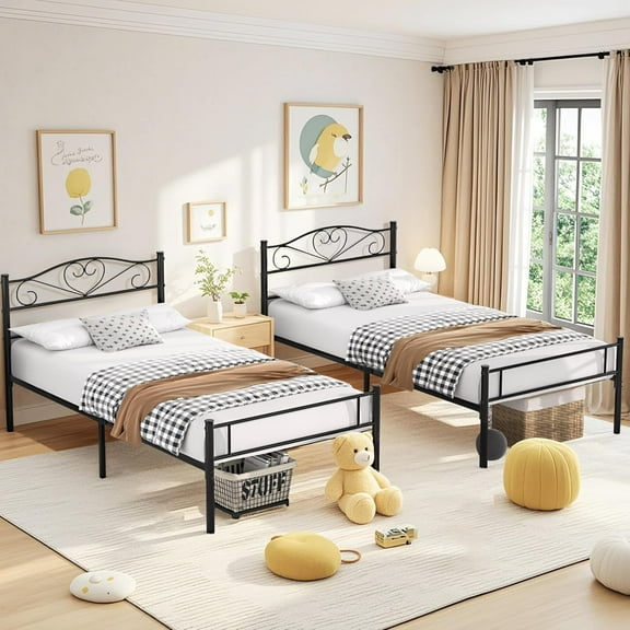 Twin Size Bed Frames with Headboard and Footboard, Iron Mattress Foundation No Box Spring Needed, Heavy Duty/Easy Set Up, 2 PCS, Pure Black