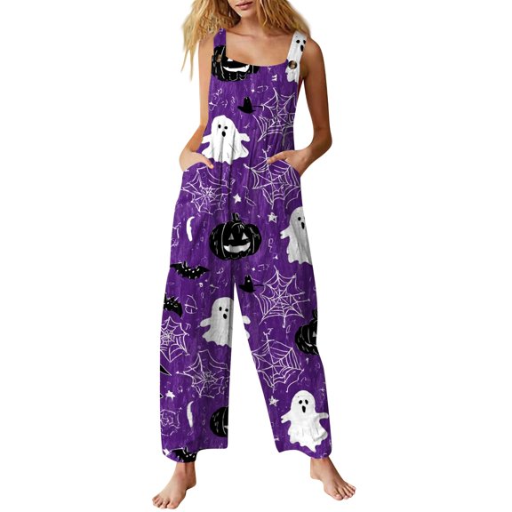 Women's Halloween Overalls Sleeveless Loose Wide Leg with Side Pockets Square Neck and Relaxed Silhouette Jumpsuit for Fall Festival Dark Purple L