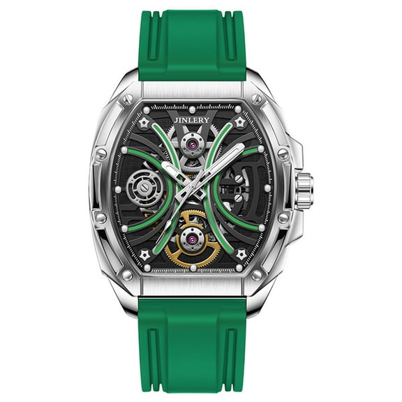JINLERY Skeleton Automatic Self-Wind Men Tonneau Wrist Watch Stainless Steel Silicone Sapphire Crystal Waterproof Kinetic Energy Reserve Clock Man Hollow Luminous Mechanical Wristwatch