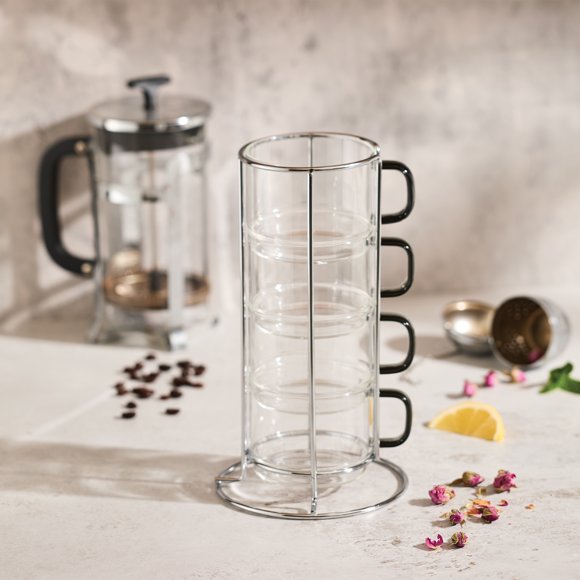 HomeTrends Verres empilable Ensemble 4 pièces avec Support en métal argenté