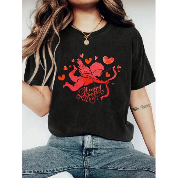 Camiseta De Verano Para Mujer, Camisetas Suaves De Verano Para Mochilero, Viajes En La CalleHappy Valentine's Day Women's Fashionable LOVE Print T-Shirt - Casual Short Sleeve Crew Neck Top - LCamise