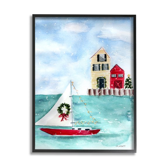Stupell Home Décor Industries Holiday Sailboat Wreath Nautical Beach Christmas Black Framed Design by Melissa Hyatt LLC