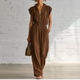 thumbnail image 2 of Guluxicc Brown Womens Collared Jumpsuit Half Zip Wide Leg Cap Sleeve Elastic Waist Casual Dressy Business Casual Summer Rompers with Pockets, 2 of 7