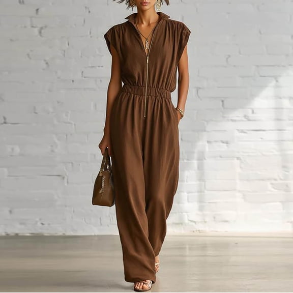 Plus Size Overalls Women's Zip‑up Wide Leg Jumpsuit Cap Sleeve Elastic High Waist Casual Pants with Pockets Summer Daily Wear Coffee L