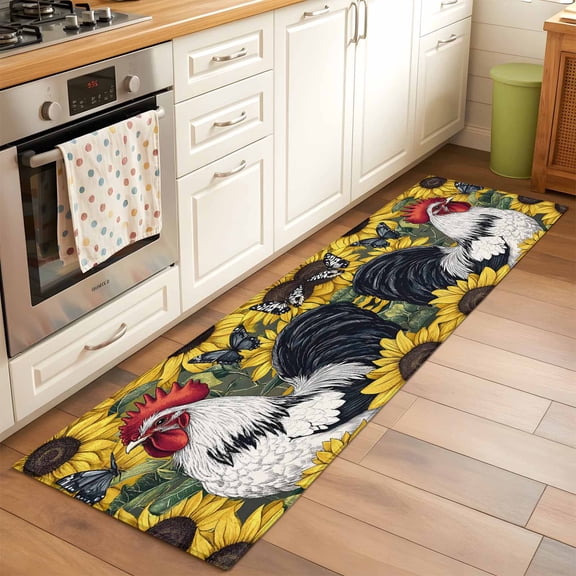 2'x6' Rug Runners for Hallways Kitchen, Yellow Sunflower Rooster Non Slip Entryway Beside Floor Carpet Runner, Farmhouse Vintage Rooster Washable Laundry Room Bedroom Throw Rugs Mat for Family Pet