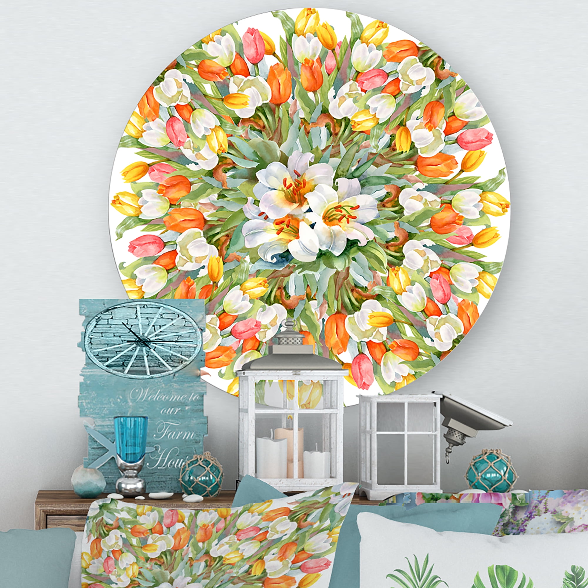 Designart 'Blooming Orange and White Tulips I' Traditional Circle Metal Wall Art 23x23 - Disc of 23