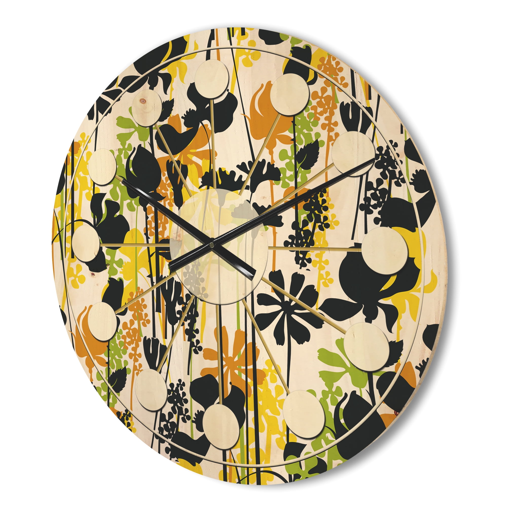 Designart 'Summer Meadow Pattern, Black silhouettes On White' Mid-Century Modern Wood Wall Clock