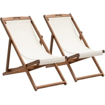 Beach Sling Chair Set, Folding Adjustable Frame Patio Lounge Chair Set of 2 Outdoor Solid Wood Frame Portable Reclining Beach Chair with White Polyester Canvas 3 Level for Beach Swimming Pool