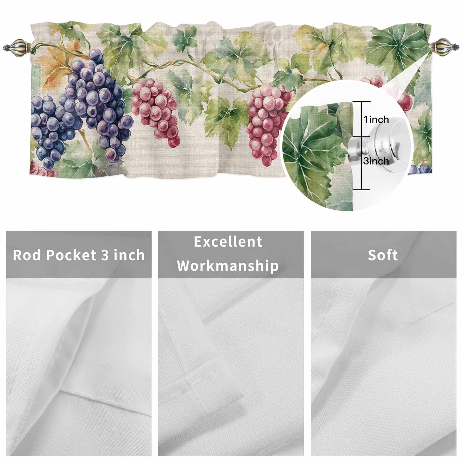 Spring Watercolor Grape Leaves Valances for Windows,Rod Pocket Valance for Kitchen Bedroom Bathroom Living Room, Country Vine Retro Linen Window Valance Curtain Short Curtains 60x18in