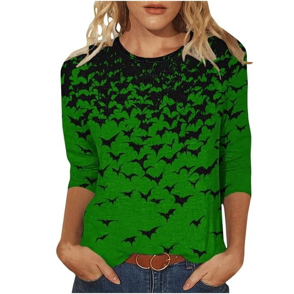 successthop Womens Halloween T Shirts Bat 3/4 Sleeve Crewneck Tee Happy Festival Tops Fall Holiday Plus Size Clothes S