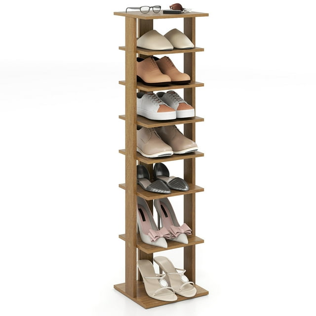 Gymax 7-Tier Wooden Shoe Rack Narrow Vertical Shoe Stand Storage Display Shelf Natural