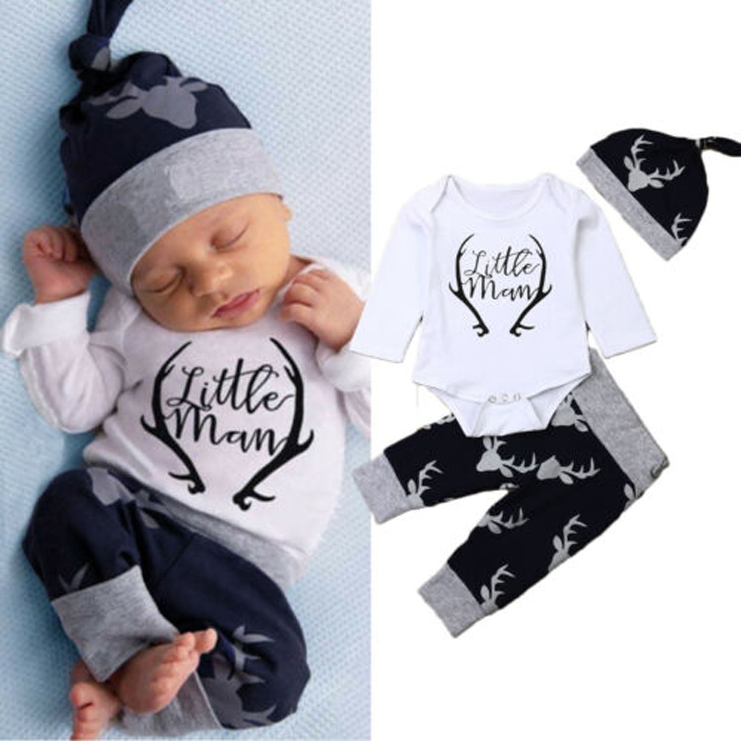 Newborn Baby Boy Girl Casual Clothes Cotton Romper Tops Fish Pant Hat Outfit Set 
