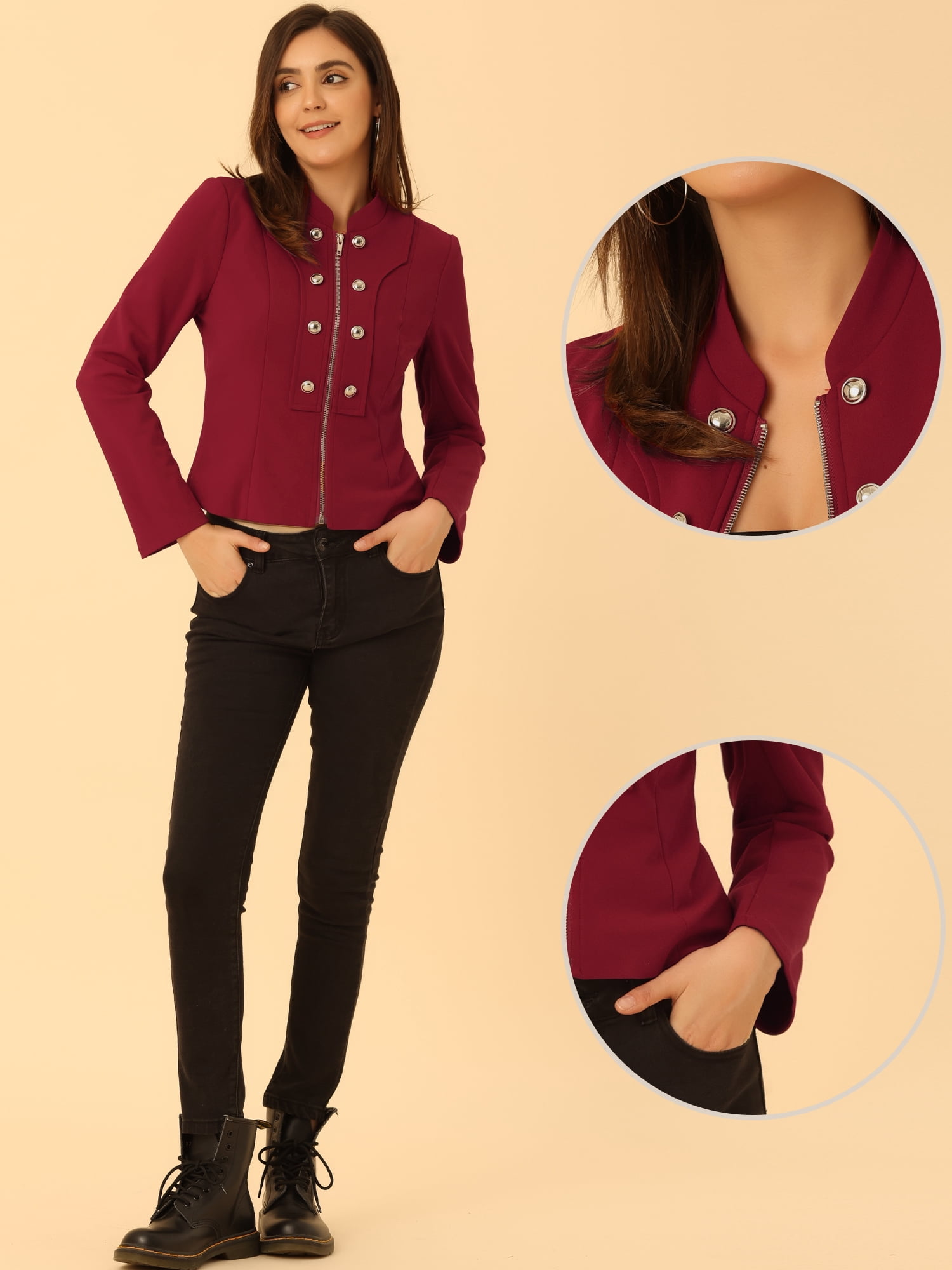 Unique Bargains Women's Stand Collar Button Decor Zip Up Blazer Jacket M Wine Red