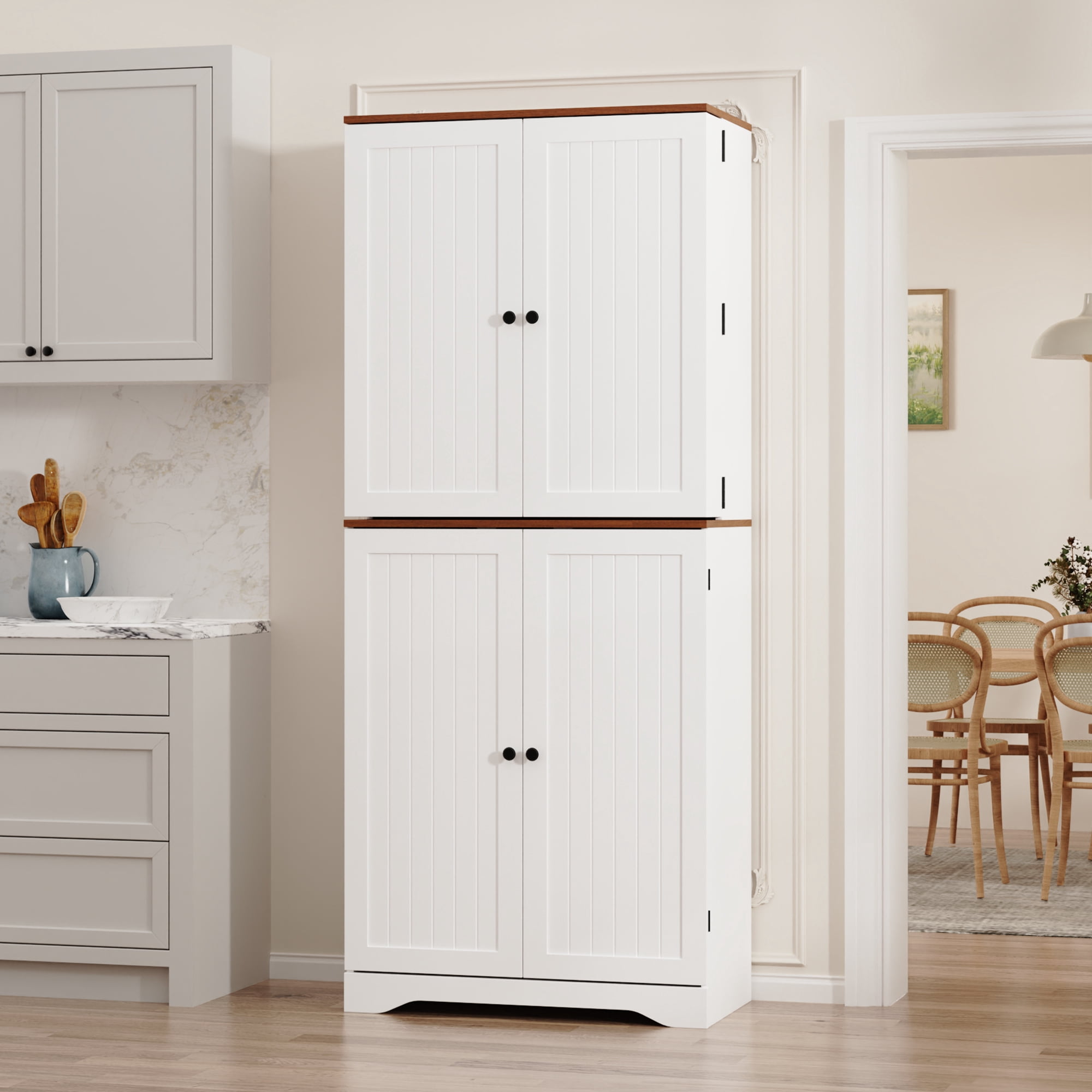 Farmhouse Pantry Storage Cabinet, 72" Tall Kitchen Pantry with Doors Organizer, Freestanding Cupboard with Adjustable Shelves, Rustic Buffet Cabinet for Kitchen, Dining Room, Bathroom, White