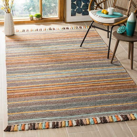 SAFAVIEH Montauk Lorenzo Striped Cotton Area Rug, Turquoise/Brown, 6' x 6' Square