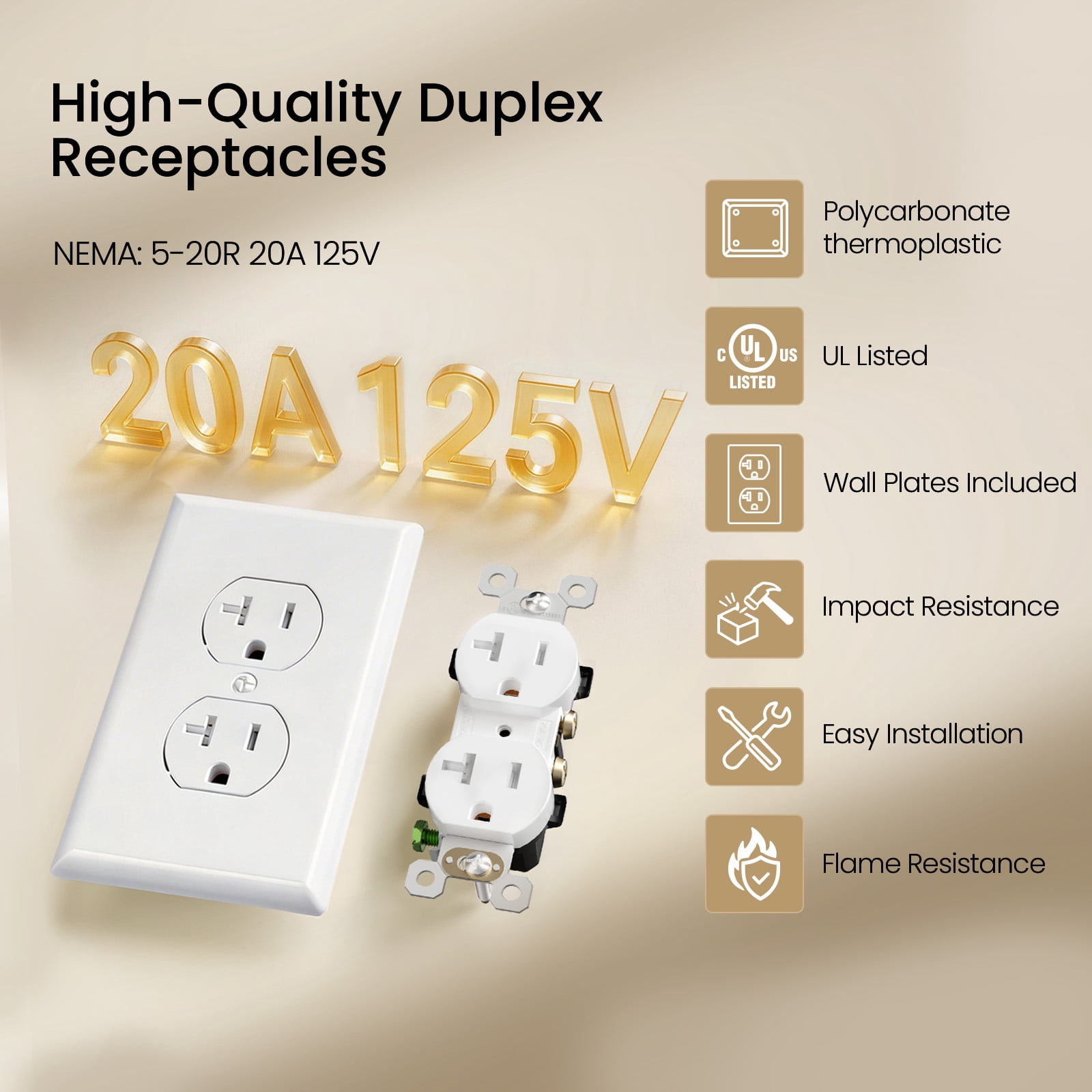 ELEGRP Duplex Receptacles 2-Pole 3-Wire Grounding 20A 125V NEMA 5-20R UL Listed White 10 Pack